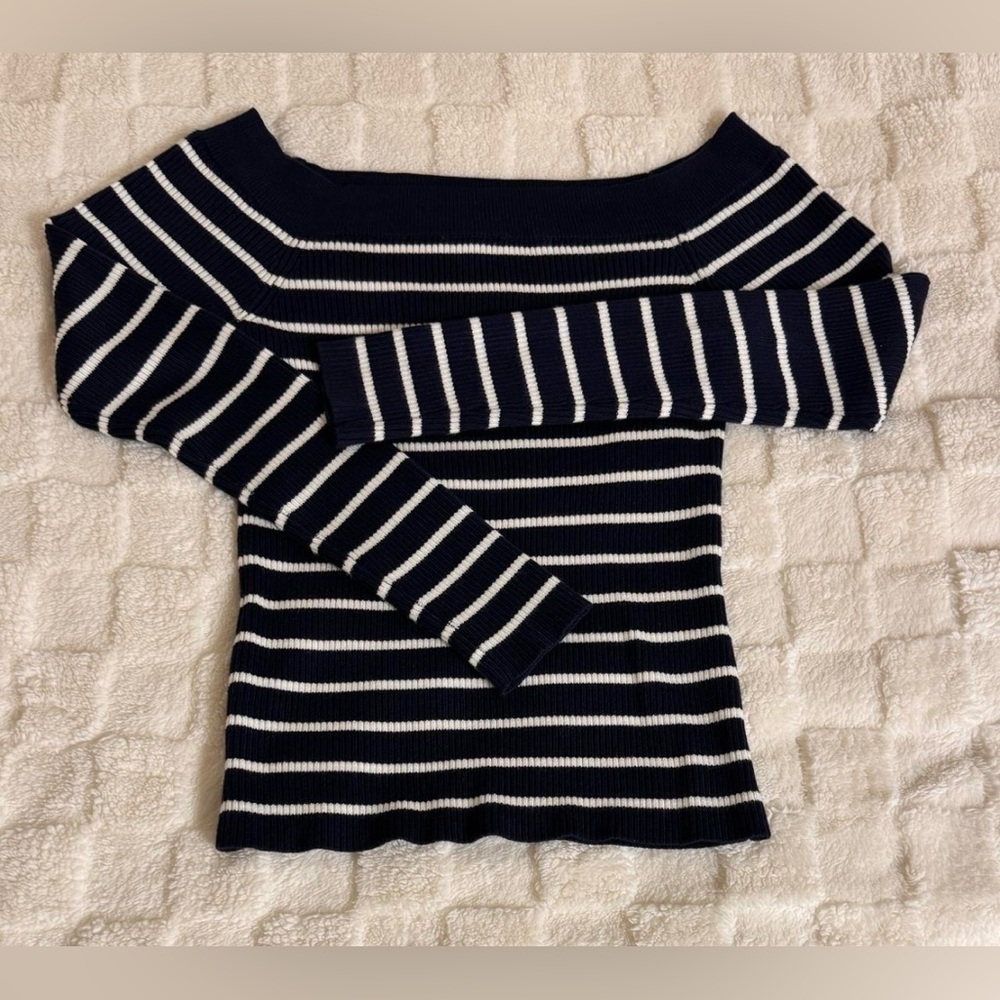 Abercrombie & Fitch Navy and White striped off the shoulder sweater